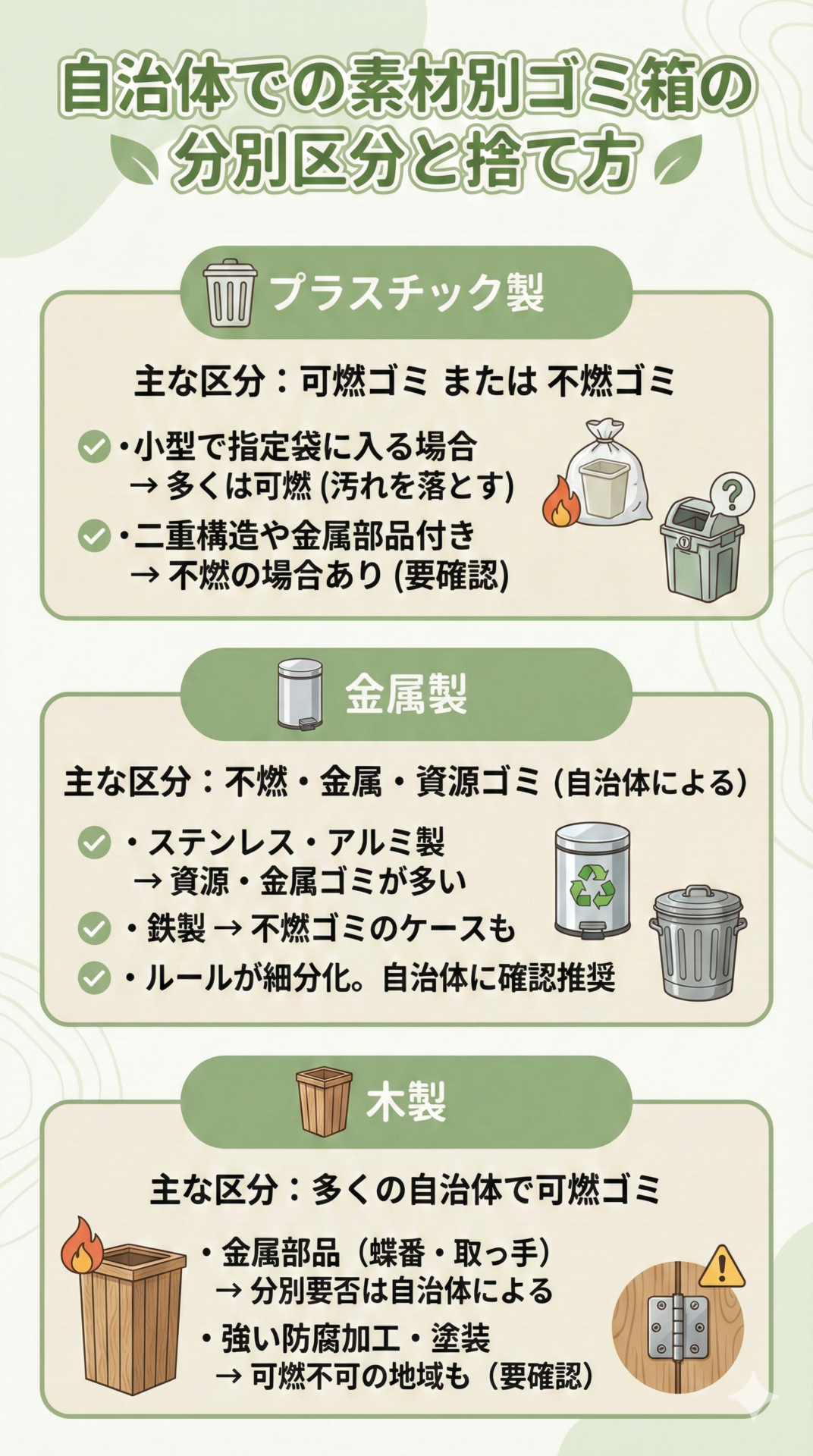 自治体での素材別ゴミ箱の分別区分と捨て方